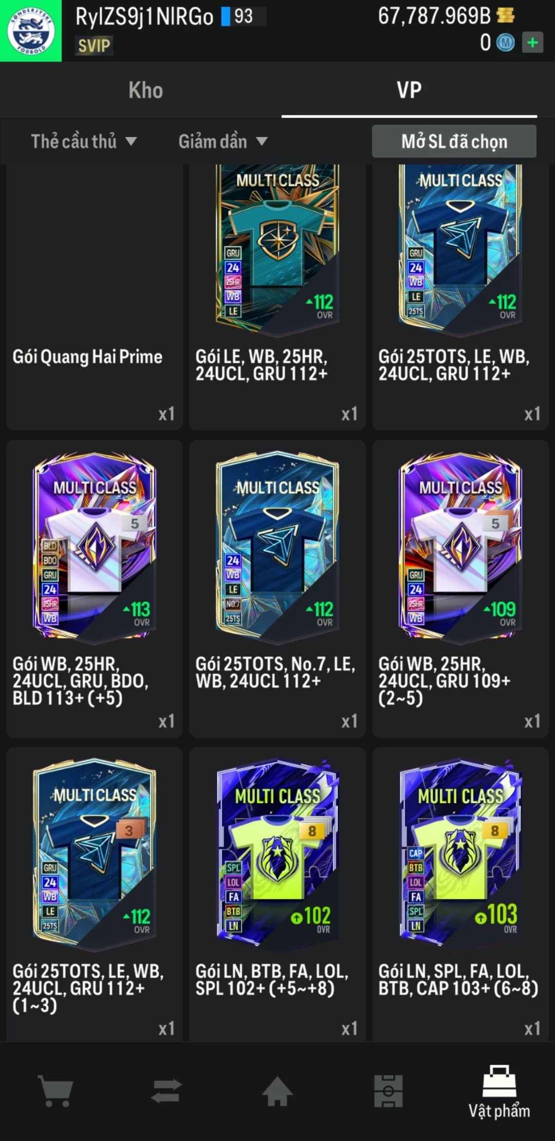 Ảnh ACC mở thẻ (LOẠI SVIP PROMAX) bao gồm 1 gói thẻ +12, thẻ PRIME và 1000+ thẻ cầu thủ từ Siêu sao đến Miền núi các loại. Có sẵn BP trắng trong acc từ 57.000 tỷ BP đến 67.000 tỷ BP, kèm theo nhiều ngày SVIP